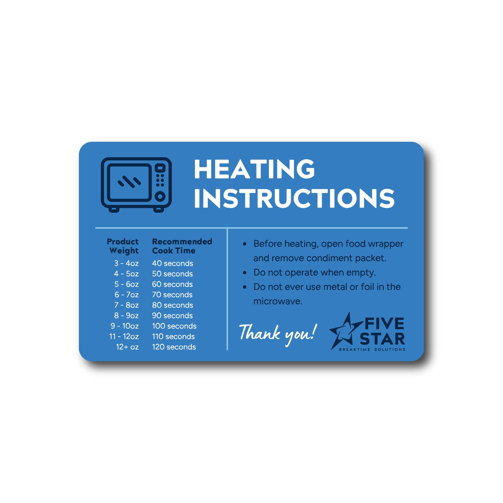 Microwave Heating Instructions Decal (Pack of 250, English)