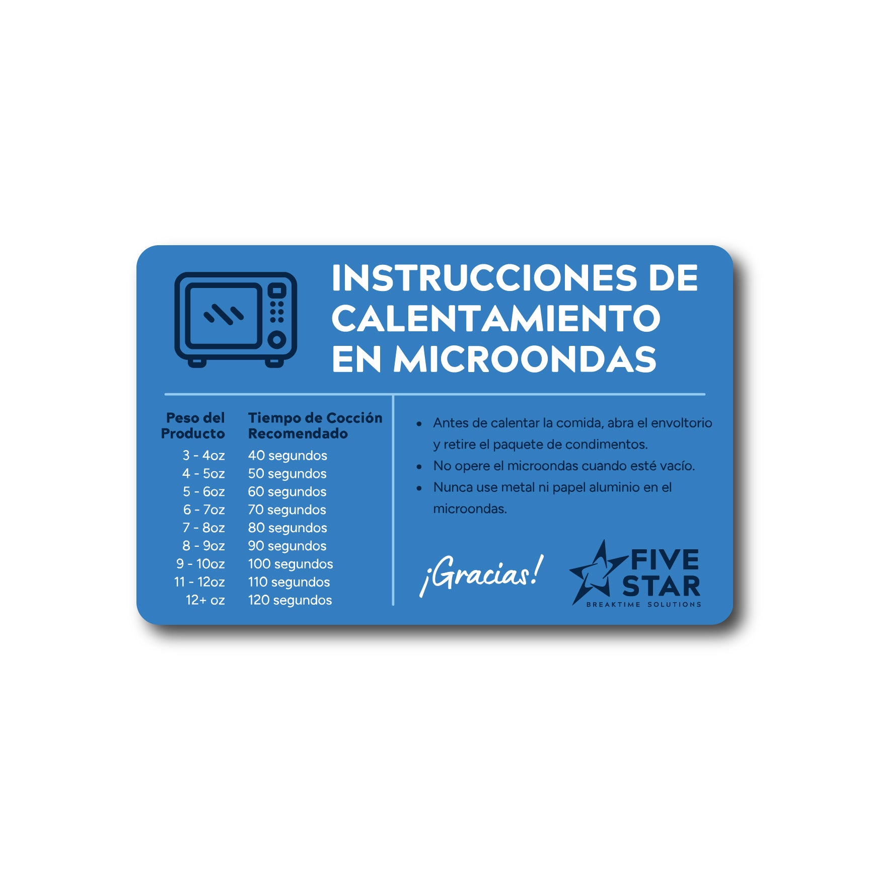 Microwave Heating Instructions Decal (Pack of 250, Spanish)
